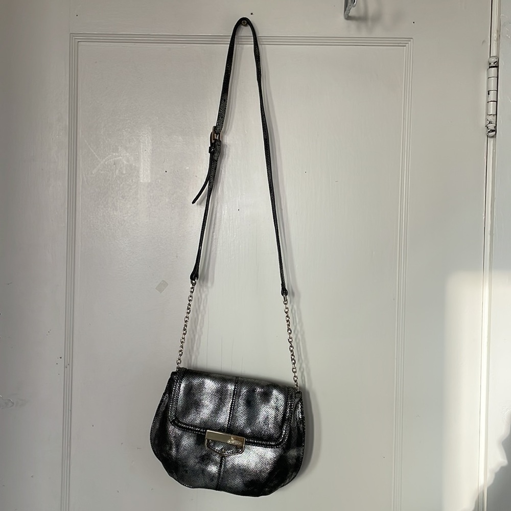 B. Makowsky silver/black iridescent “snakeskin” bag